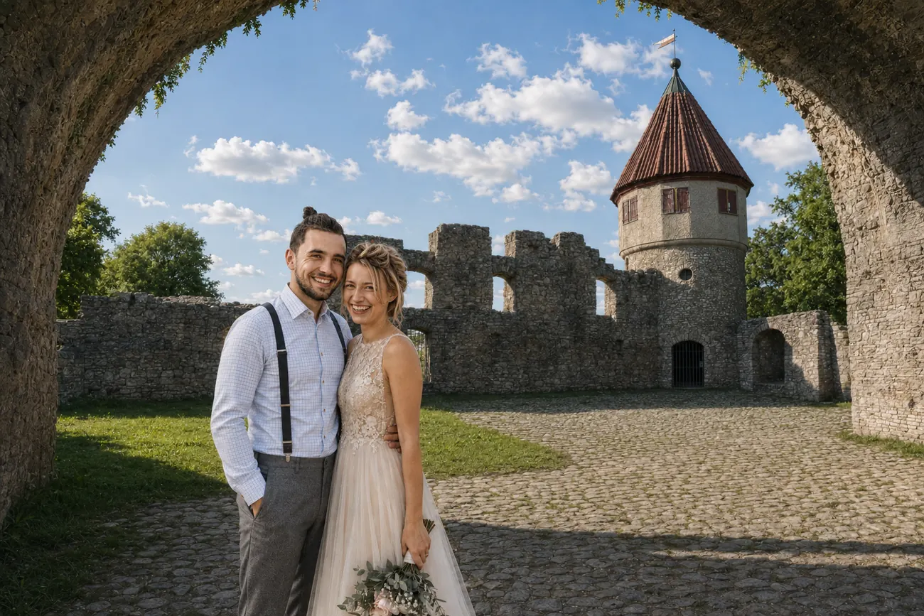 Brautpaar unter dem Torbogen der Burgruine Honberg in Tuttlingen, dahinter der runde Turm mit rotem Dach