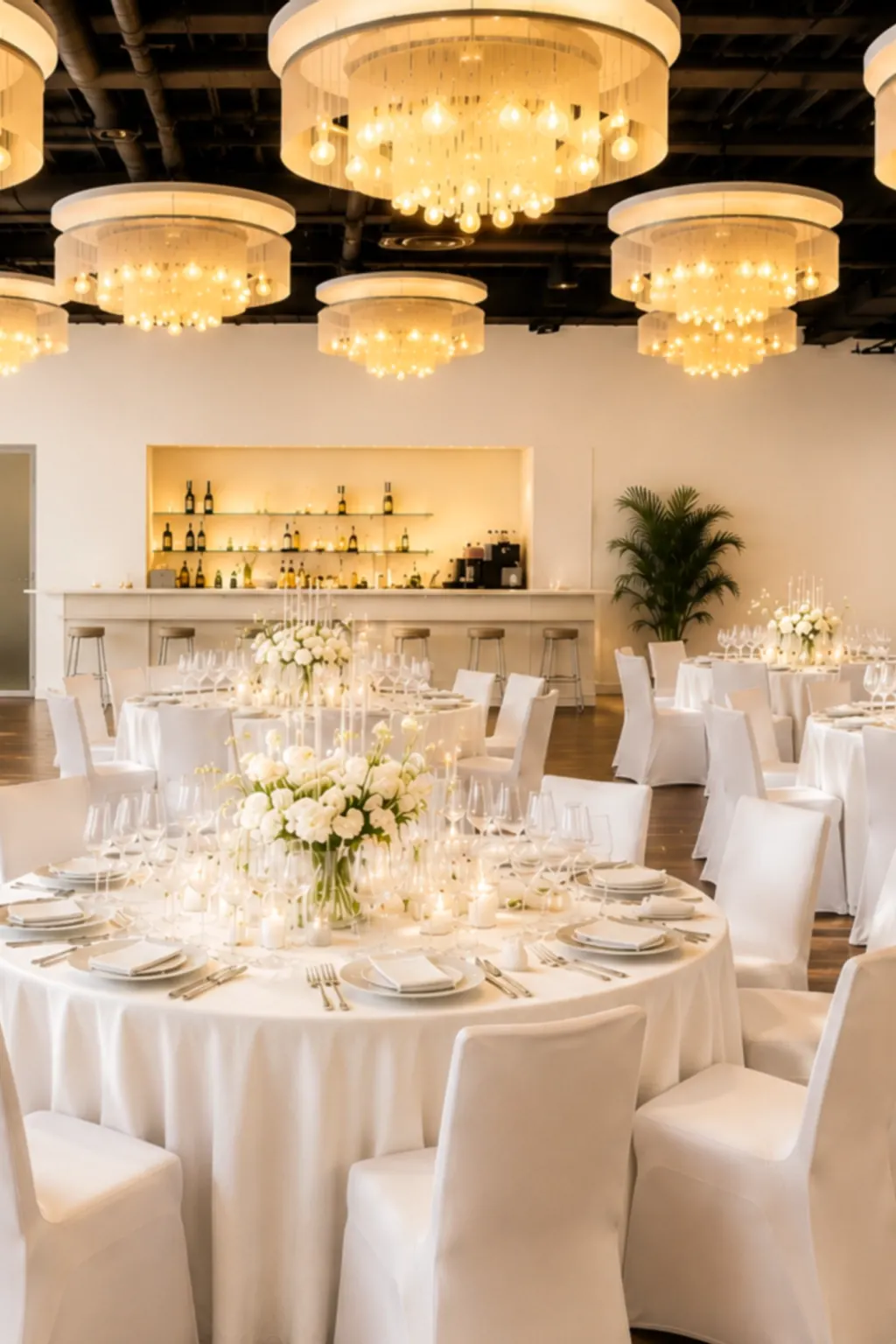 Festlich in Weiß eingedeckte Hochzeitstafeln in der Skylounge mit Kronleuchtern und Bar